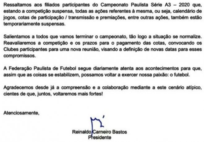 Federação divulga circular e Taubaté aguarda 3