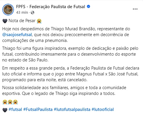 São José Futsal tem jogo decisivo adiado por luto 4 São José Futsal tem jogo decisivo adiado por luto 4