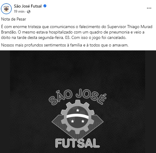 São José Futsal tem jogo decisivo adiado por luto 2 São José Futsal tem jogo decisivo adiado por luto 2